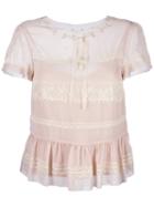 Red Valentino - Lace Insert Shortsleeved Blouse - Women - Polyamide/polyester - 40, Pink/purple, Polyamide/polyester