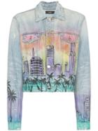 Amiri Hollywood Print Relaxed Boxy Fit Denim Jacket - Blue