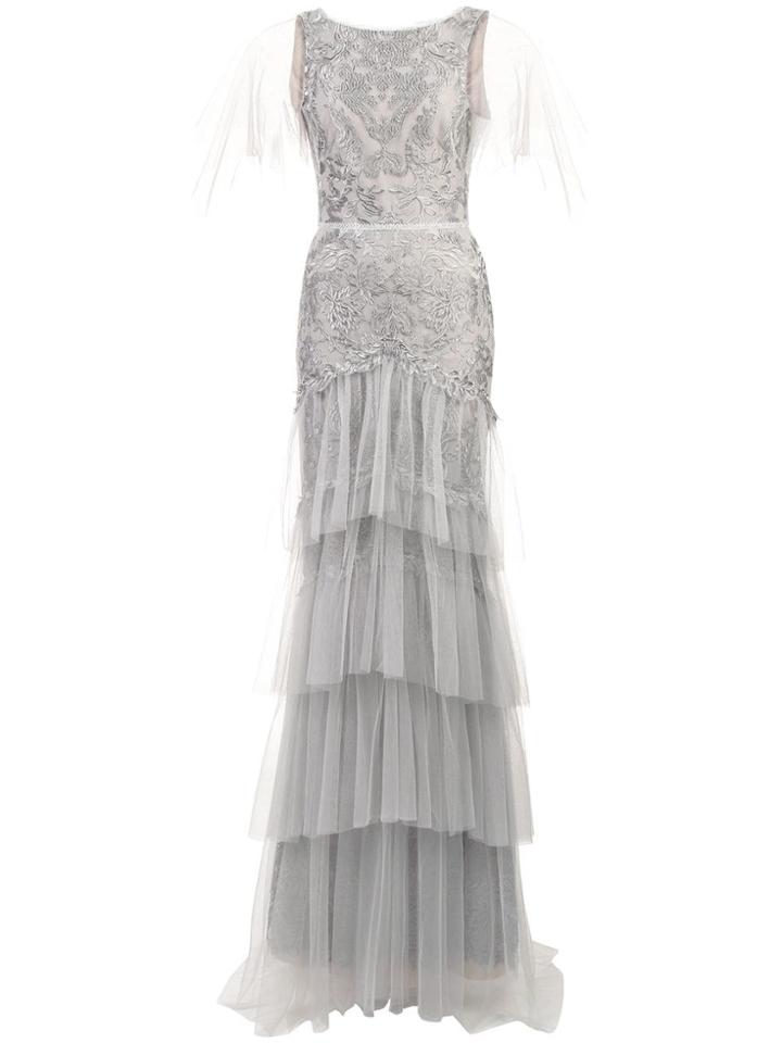 Marchesa Notte Flutter Sleeve Metallic Embroidered Gown - Grey