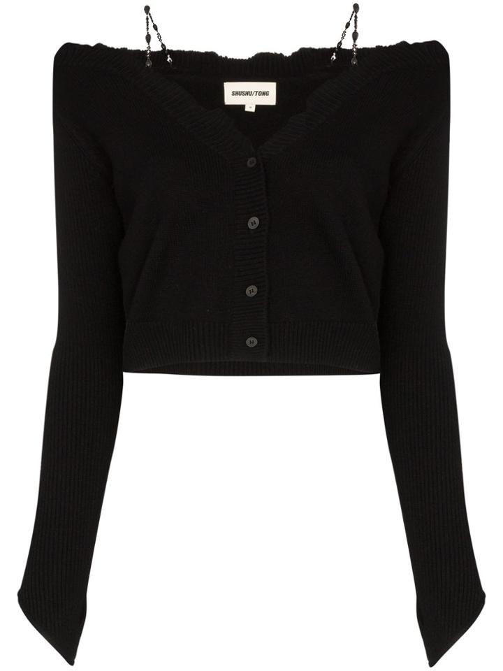 Shushu/tong Off-the-shoulder Raw Edge Cardigan - Black