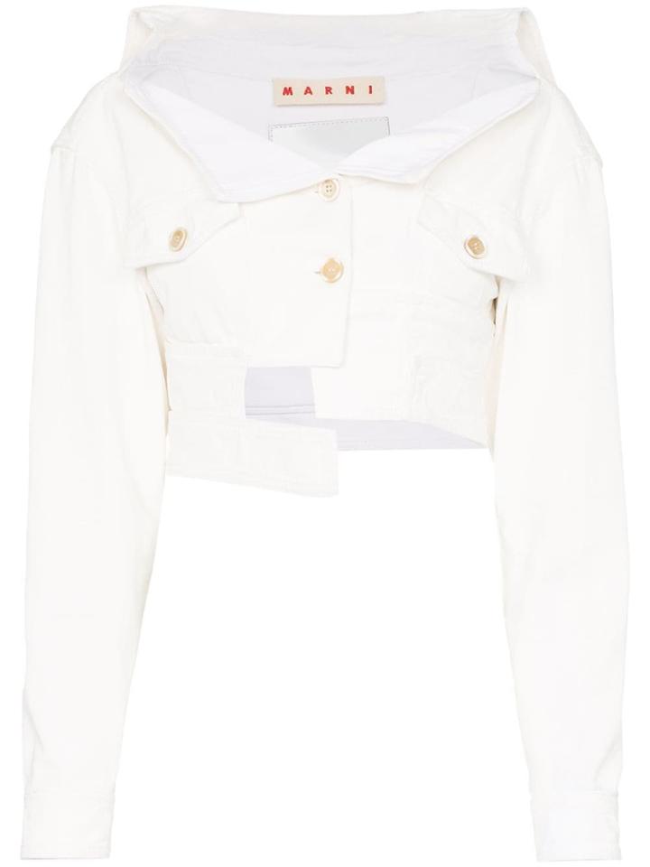 Marni Deconstructed Asymmetric Cropped Denim Jacket - White