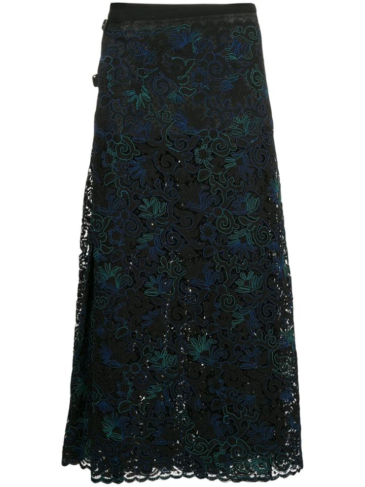 Barrie Floral Embellished Midi Skirt - Black
