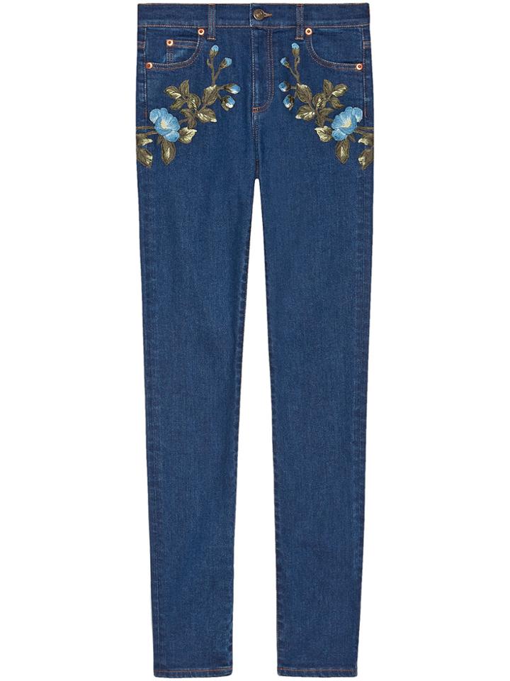 Gucci Embroidered Denim Flower Pants - Blue