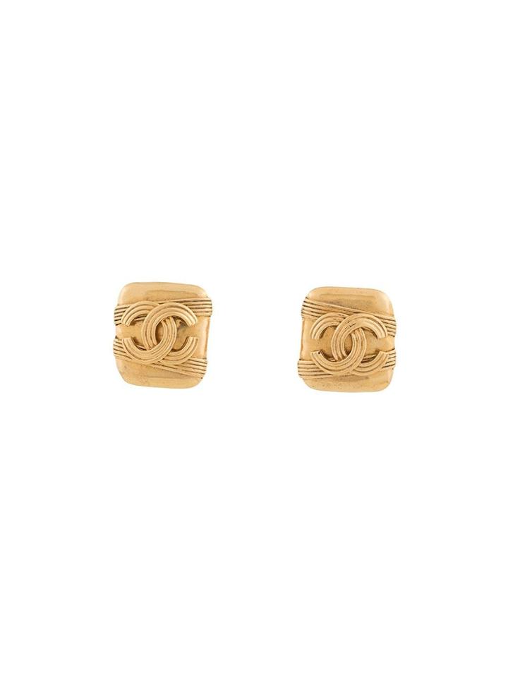 Chanel Vintage Square Line Cc Earrings - Gold