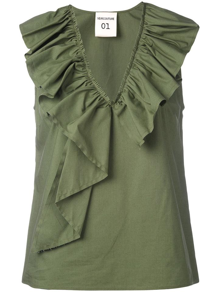 Semicouture - Pleated Trim Top - Women - Cotton - 40, Green, Cotton