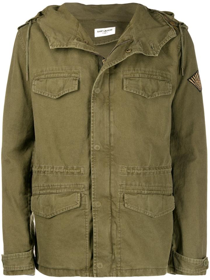 Saint Laurent Logo Patch Parka Coat - Green