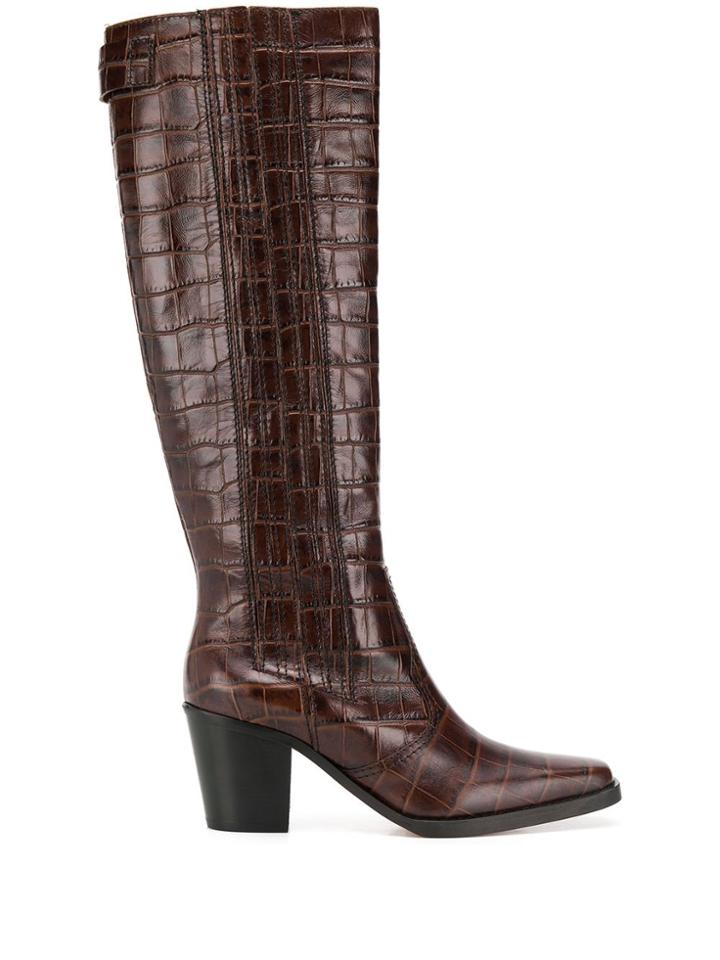 Ganni Embossed Block Heel Boots - Brown