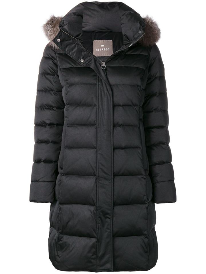 Hetregò Fox Fur Trimmed Hood Padded Jacket - Black