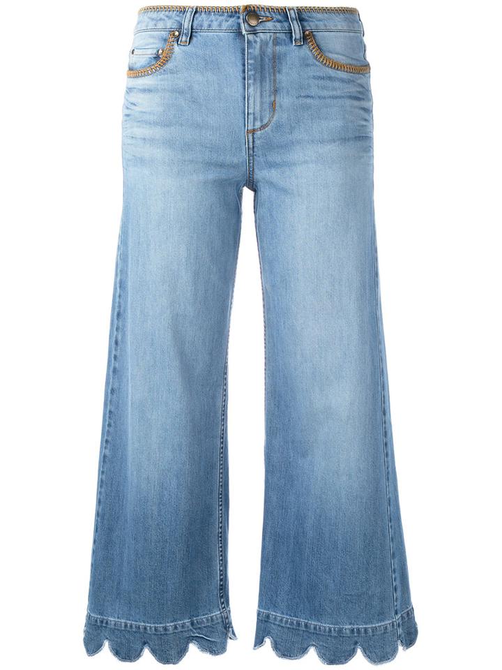 Red Valentino Wide Leg Scalloped Hem Jeans, Women's, Size: 25, Blue, Cotton/spandex/elastane/polyester/polyester