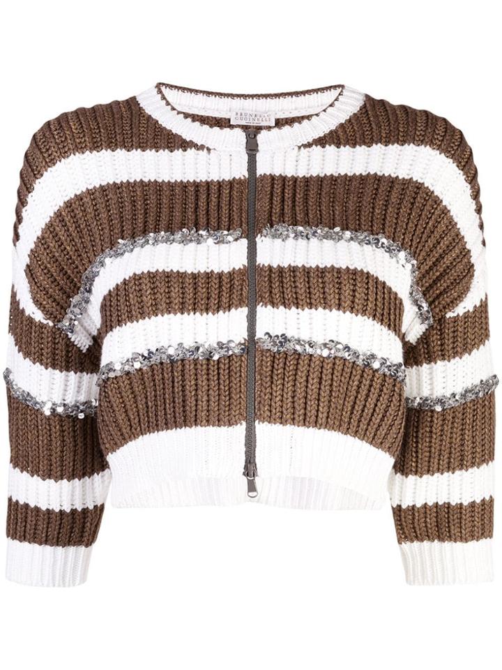 Brunello Cucinelli Striped Zip Cardigan - White