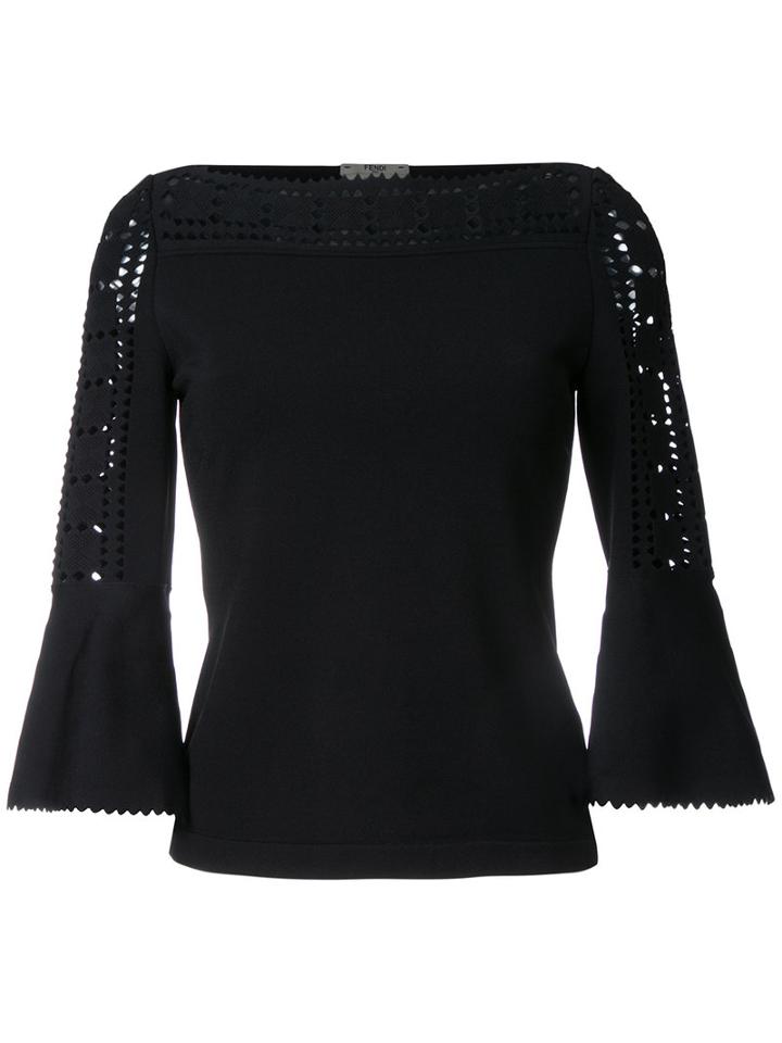 Fendi Perforated Trim Boat Neck Top, Women's, Size: 44, Black, Polyester/viscose