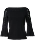 Fendi Perforated Trim Boat Neck Top, Women's, Size: 44, Black, Polyester/viscose