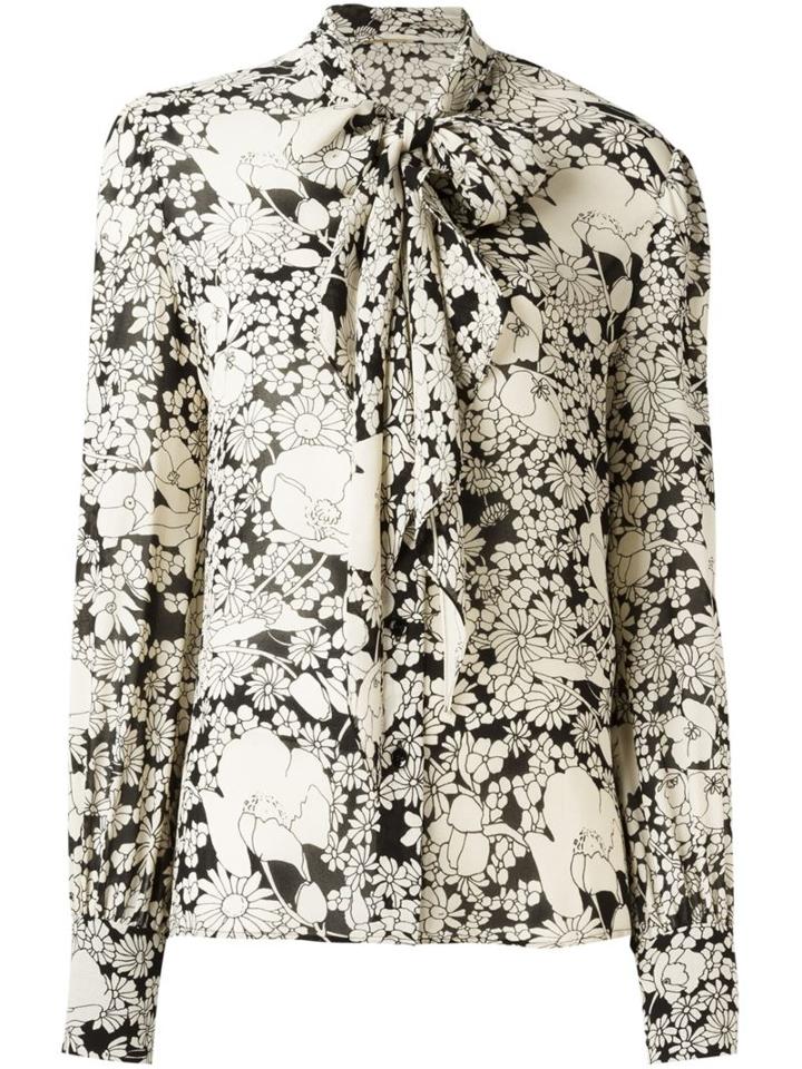 Saint Laurent Flower Print Pussybow Blouse, Women's, Size: 40, Nude/neutrals, Viscose