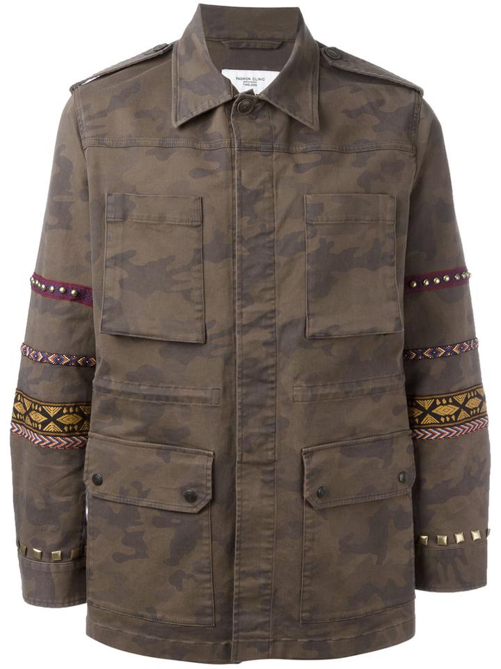 Fashion Clinic Timeless - Embroidered Sleeve Field Jacket - Men - Cotton/spandex/elastane/metal - 48, Green, Cotton/spandex/elastane/metal