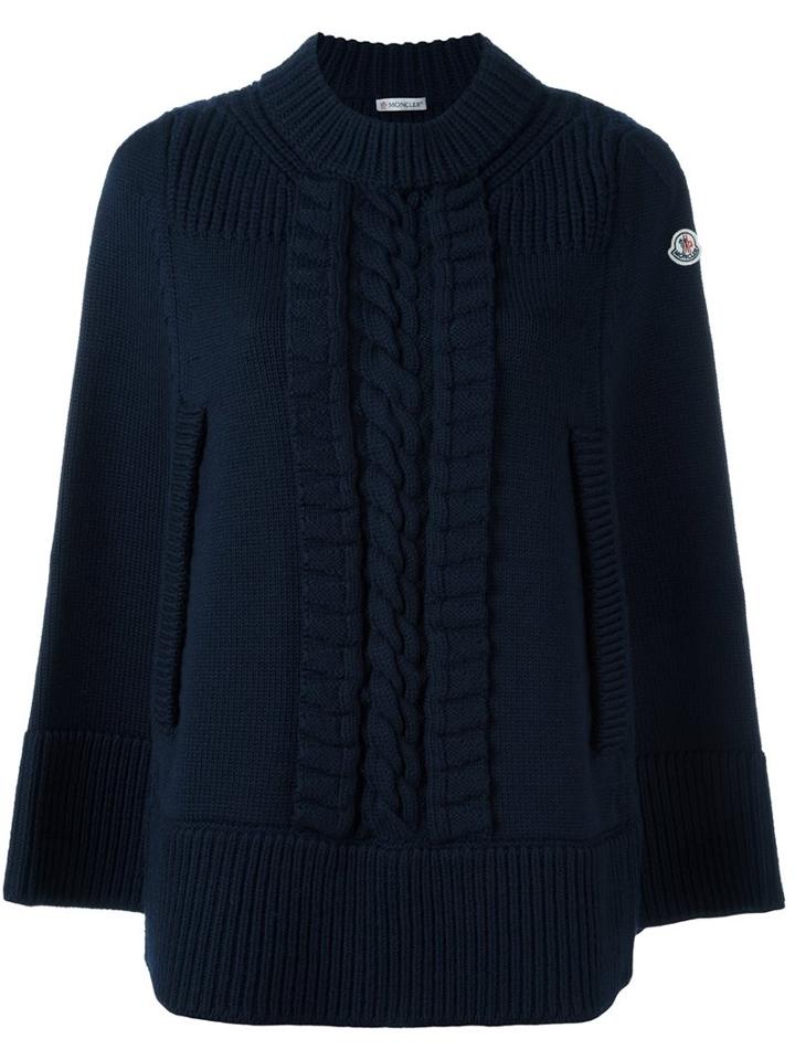 Moncler Cable Knit Cape Jumper, Women's, Size: Medium, Blue, Virgin Wool