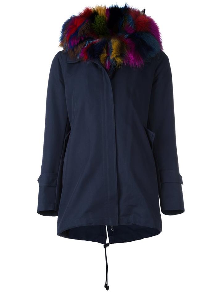 Forte Couture Long Trim Detail Coat, Women's, Size: 46, Blue, Cotton/polyamide/acetate/racoon Fur