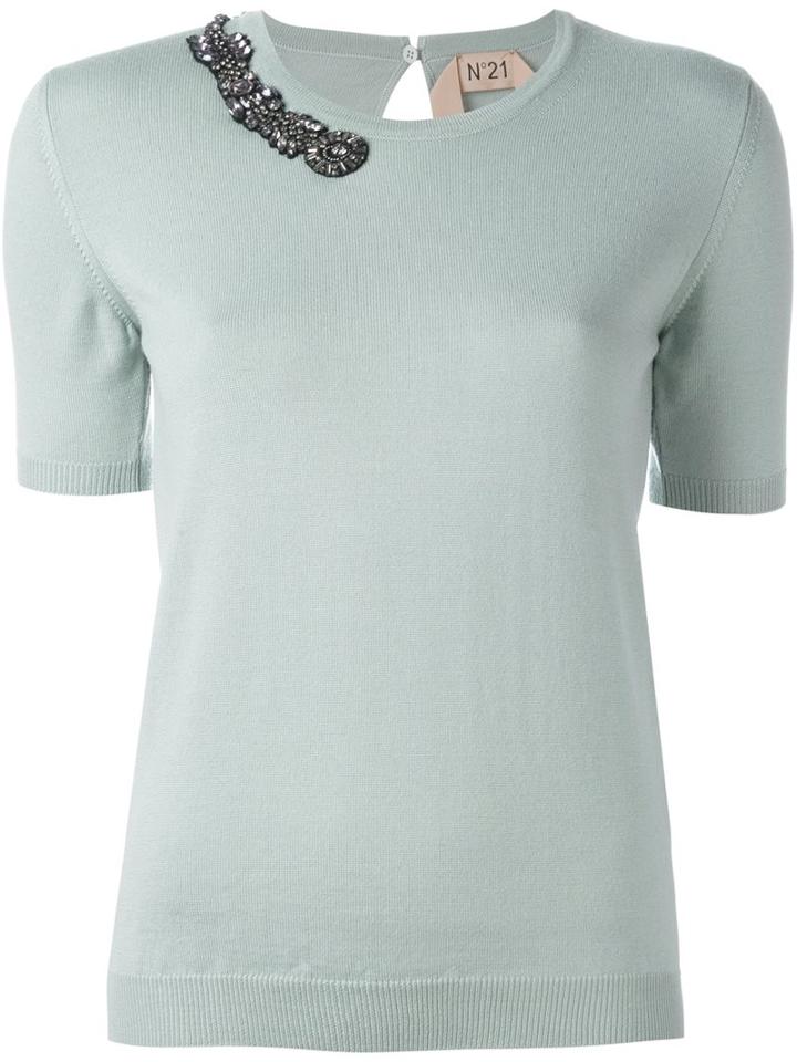 No21 Shoulder Embellished Knit Blouse, Women's, Size: 44, Green, Pvc/virgin Wool/metal/glass