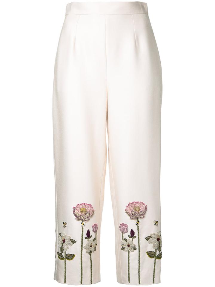 Vilshenko Embroidered Flower Cropped Trousers, Women's, Size: 8, White, Silk/viscose