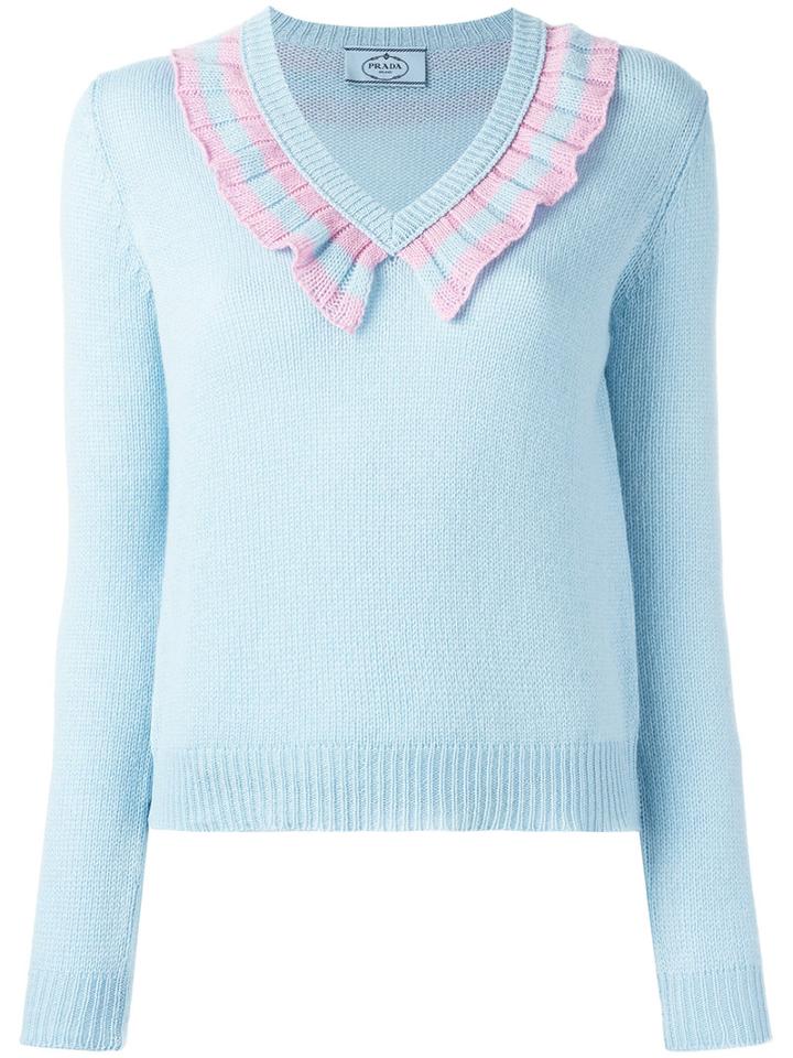Prada Jumper With Contrast Colour Striped Frill Neckline, Women's, Size: 38, Blue, Cashmere