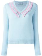 Prada Jumper With Contrast Colour Striped Frill Neckline, Women's, Size: 38, Blue, Cashmere