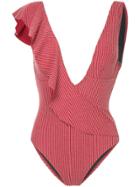 Duskii Bella Striped Ruffle Swimsuit - Red