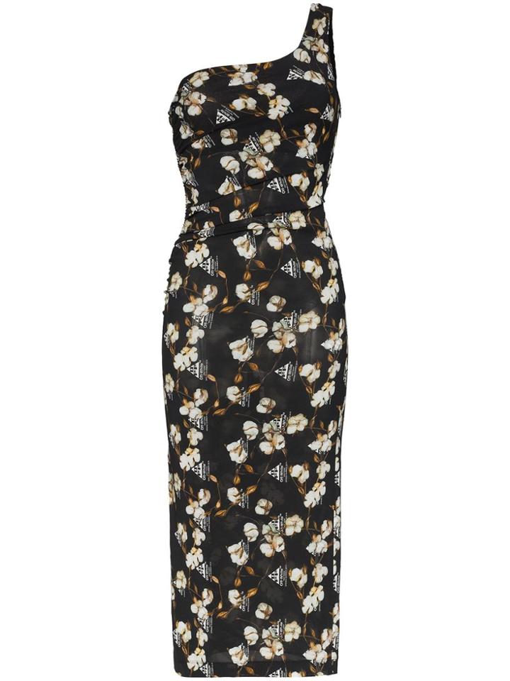 Off-white Floral Print Bodycon Midi Dress - Black
