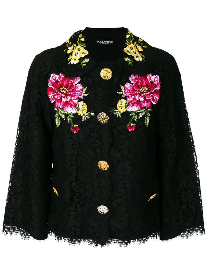 Dolce & Gabbana Lace Jacket With Floral Appliqués - Black
