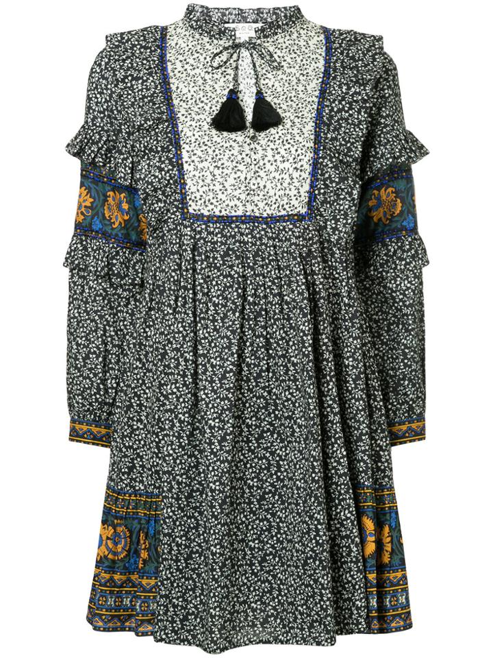 Sea Maya Border Print Ruffle Sleeve Dress - Black