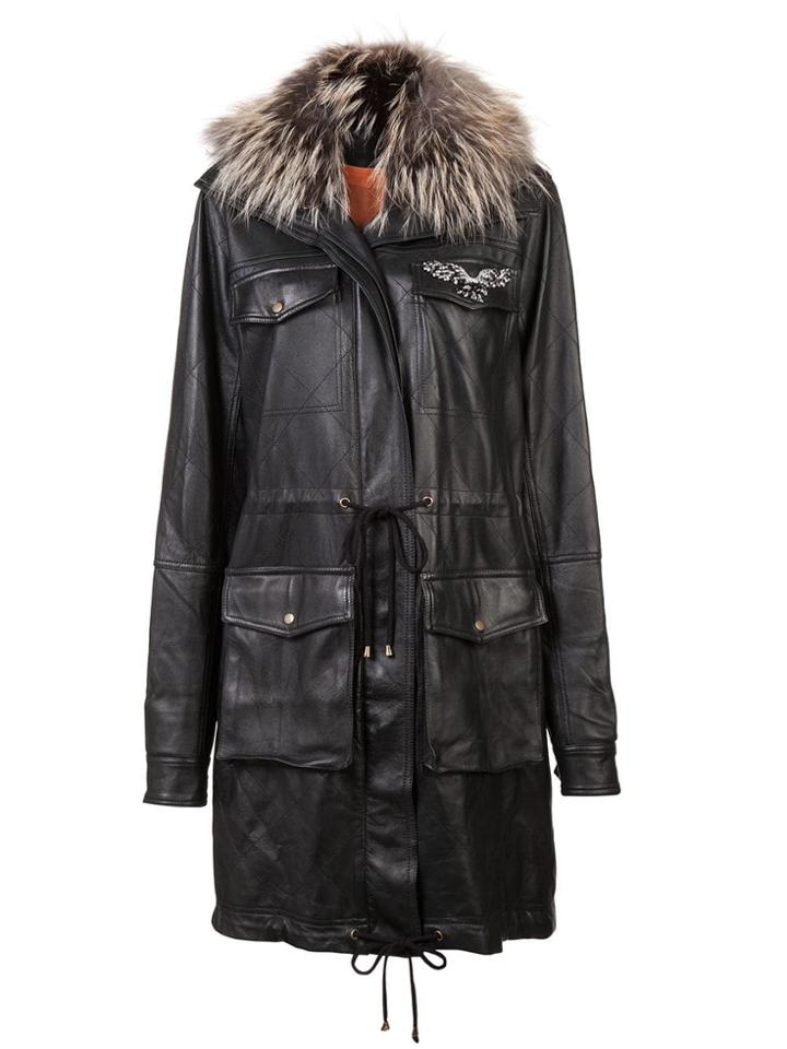 Nicole Miller Long Leather-parka Coat - Black