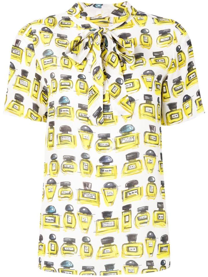 Boutique Moschino Perfume Bottle Print Pussybow Blouse - White