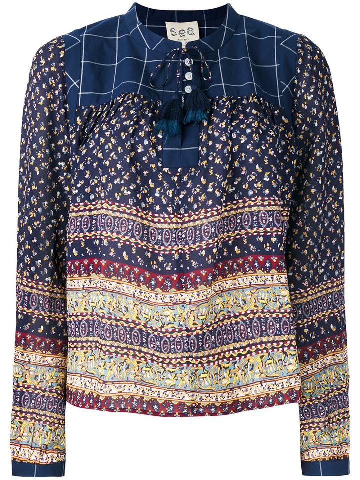 Sea Patterned Blouse, Women's, Size: 6, Blue, Silk/cotton