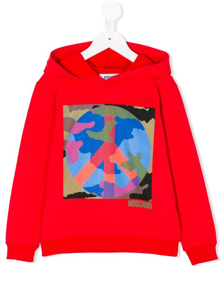 Moschino Kids - Peace Logo Hoodie - Kids - Cotton/spandex/elastane - 8 Yrs, Red