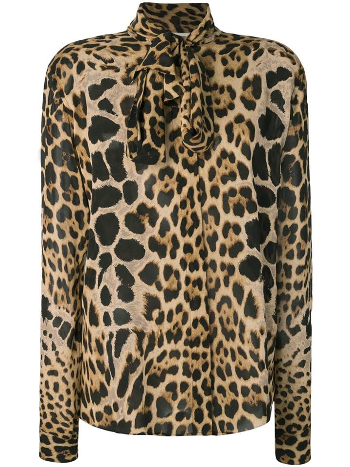 Saint Laurent Leopard Print Pussybow Shirt - Brown