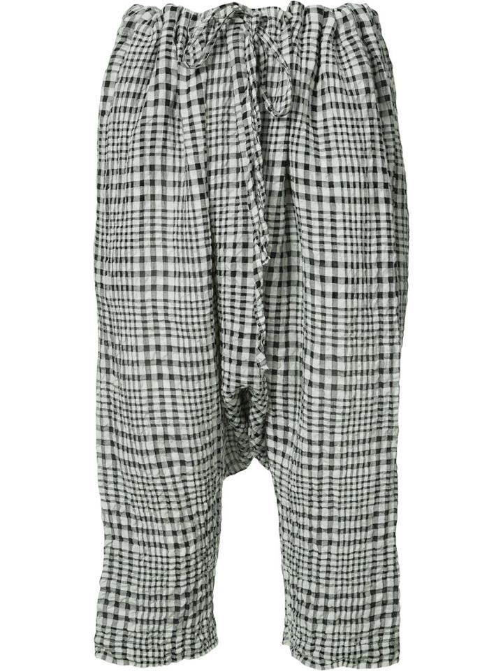 Forme D'expression - Gingham Drop-crotch Cropped Trousers - Women - Cotton/linen/flax - M, White, Cotton/linen/flax