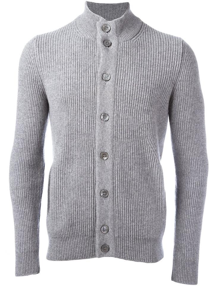 Barba Ribbed Knit Buttoned Cardigan, Men's, Size: 52, Grey, Cashmere