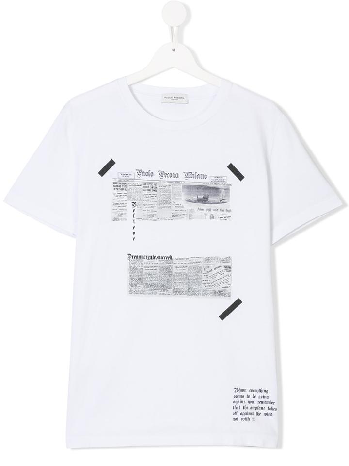 Paolo Pecora Kids Teen Newspaper Print T-shirt - White