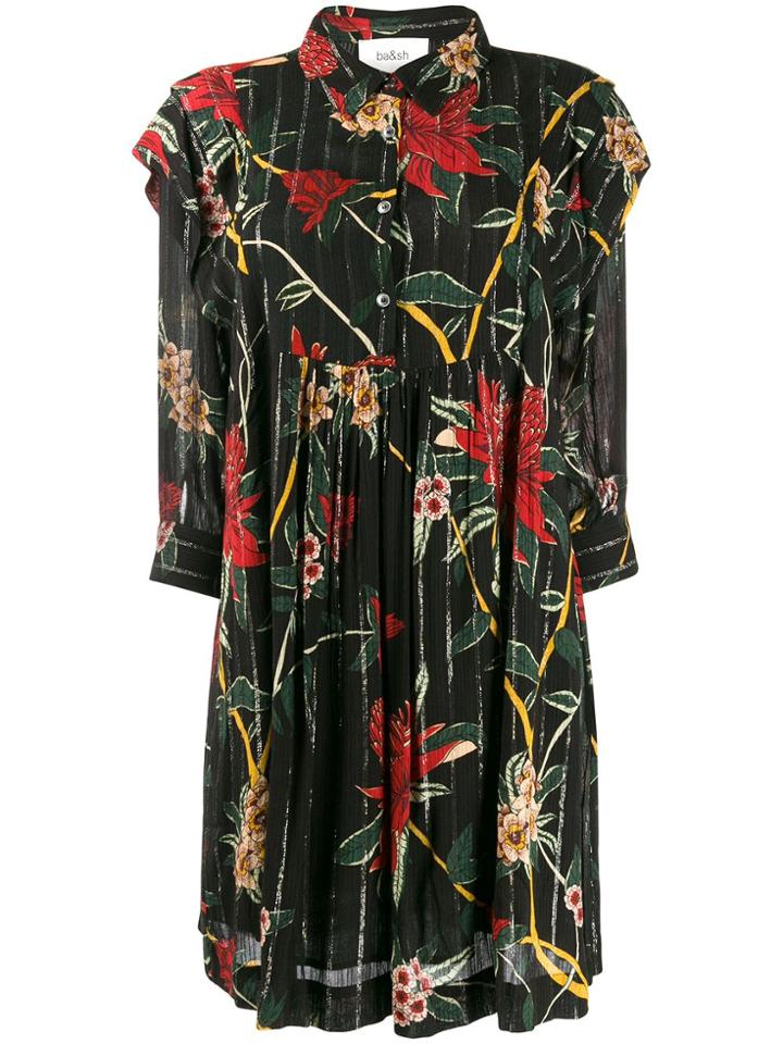 Ba & Sh Floral Print Mini Shirt Dress - Black