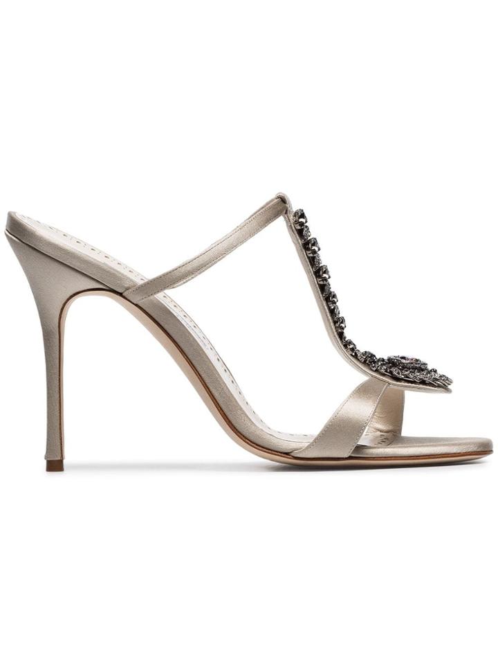 Manolo Blahnik White Gold Erdaniasan 105 Crystal Embellished Mules -