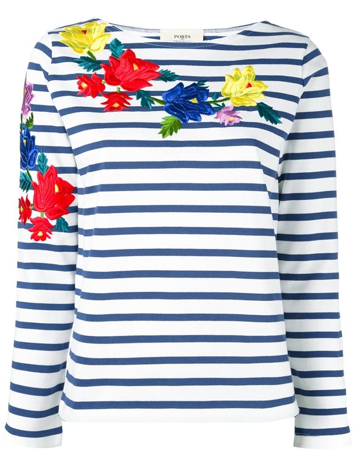 Ports 1961 Floral Embroidered Striped Top