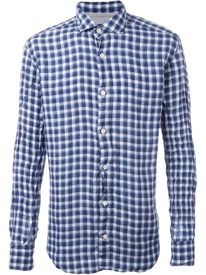 Eleventy Checked Shirt, Men's, Size: 39, Blue, Linen/flax