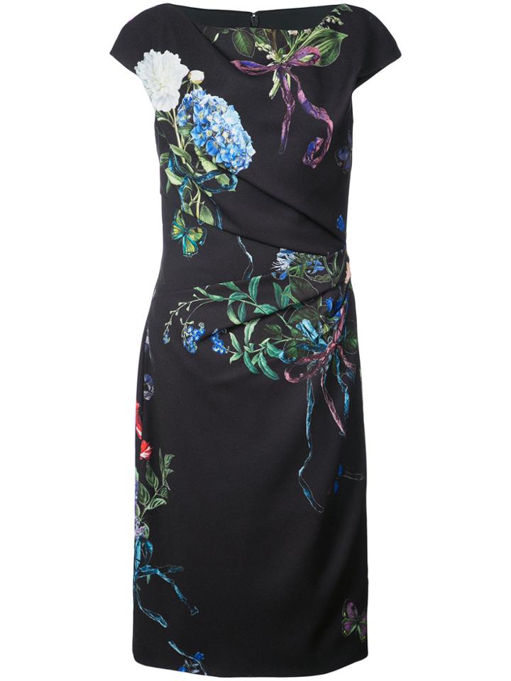 Monique Lhuillier Ruché Detail Floral Print Dress - Black