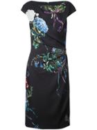 Monique Lhuillier Ruché Detail Floral Print Dress - Black