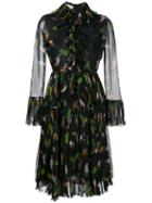 Gucci Toucan Print Ruffle Dress, Women's, Size: 48, Black, Silk/viscose/cotton/spandex/elastane