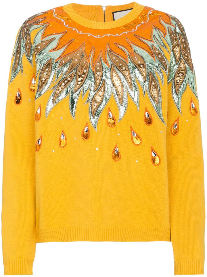 Gucci Leather Appliqué Wool Sweater - Yellow & Orange