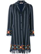 Tory Burch - Embellished Striped Coat - Women - Cotton/polyester/viscose/other Fibres - 6, Blue, Cotton/polyester/viscose/other Fibres