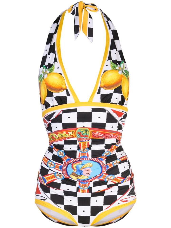 Dolce & Gabbana Printed Halter Neck Swimsuit - White