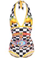 Dolce & Gabbana Printed Halter Neck Swimsuit - White