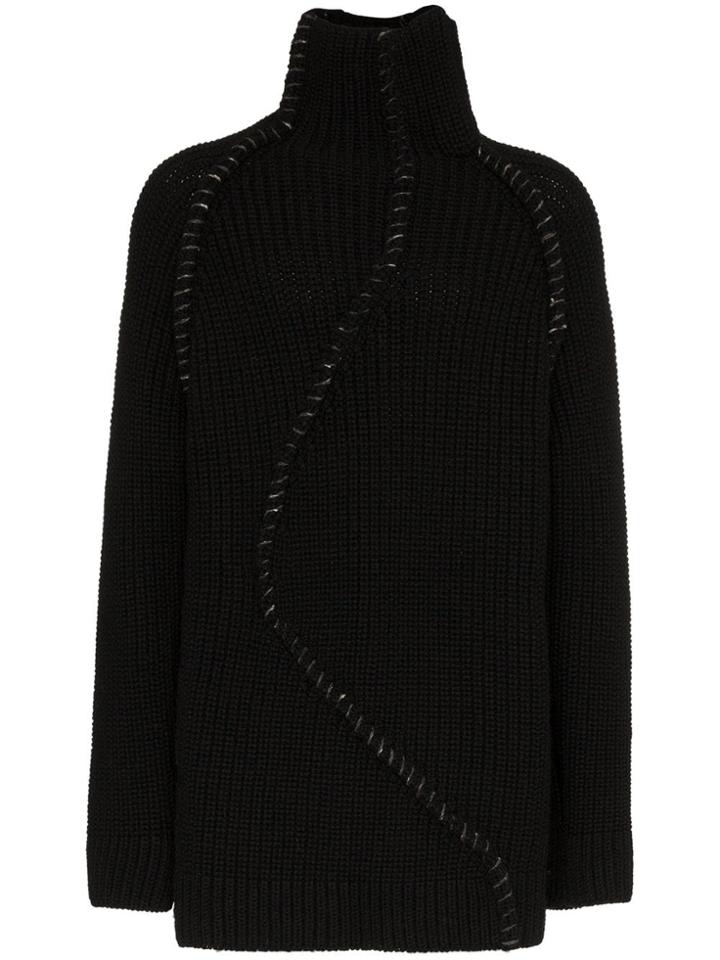 Yohji Yamamoto High Neck Braided Ribbed Wool Sweater - Black