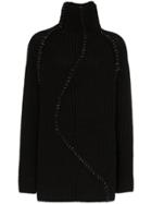 Yohji Yamamoto High Neck Braided Ribbed Wool Sweater - Black