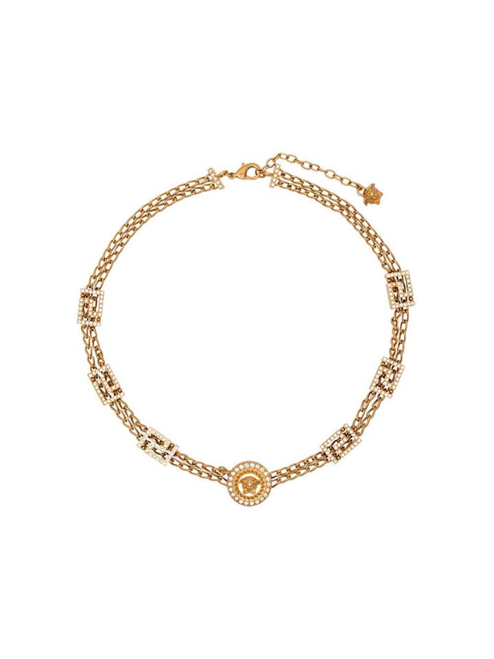 Versace Crystal Embellished Medusa Chain Necklace - Gold